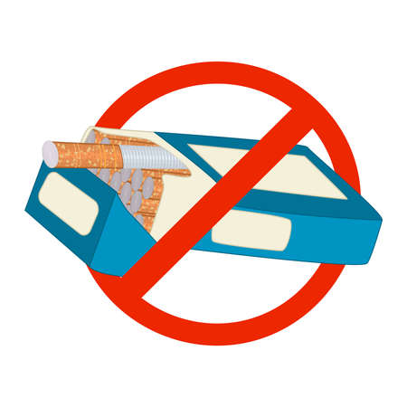 Pack of cigarettes under prohibition sign isolated on white background. No Smoking Day. Smoking harm concept. Stop smoke icon. Crossed pack of cigarettes. Do not smoke symbol. Dangers of smoking. Stock vector illustrationのイラスト素材