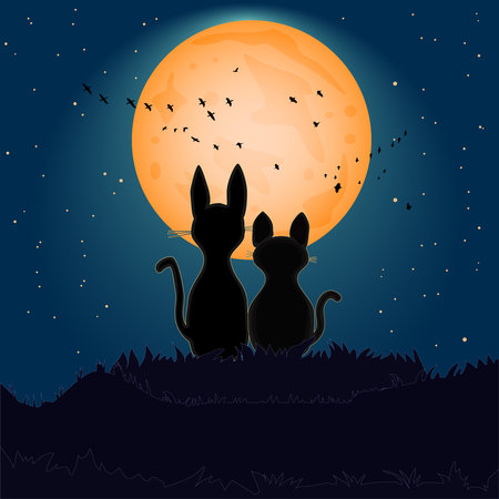Two cats silhouettes on fullmoon background. Romantic love cats under night sky with many stars and orange moon. Couple cats sitting on hill and looking to moonlight. Valentines day concept. Stock vector illustrationのイラスト素材