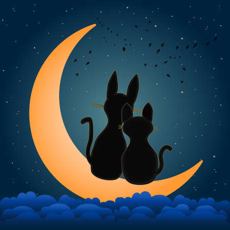 Two cats sitting on the crescent moon. Yellow moon and romance cats on starry night sky background. In love kittens couple silhouettes. Valentines Day greeting card. Pair of nice kitty. Stock vector illustrationのイラスト素材