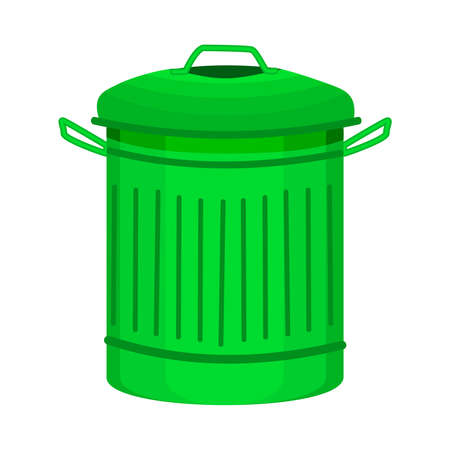 Green recycling bin with cover and handles isolated on white background. Office container for paper garbage. Street can, dustbin, bucket, rubbish pail, or box for waste, trash, litter. Front view. Stock vector illustrationのイラスト素材