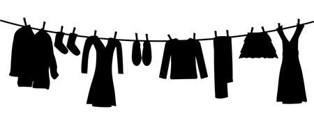 Silhouettes of laundry on rope isolated on white background. Various clothes hanging on clothesline. Clean apparel drying on line. Washingline with dresses monochrome icon. Clothes hung on string. Stock vector illustrationのイラスト素材