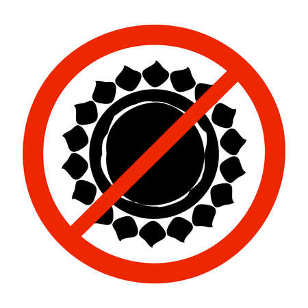 No sun sign isolated on white background. Not allow sunlight prohibited symbol. Stop or ban red round icon with sun. Protect from the sun's rays. Sunscreen protection concept. Keep away direct from sunshine. Stock vector illustrationのイラスト素材