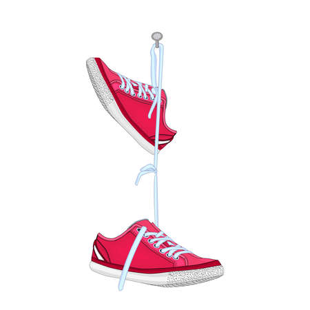 Shoes hanging on nail isolated on white background. Pair of sports footwear hang on peg. Vintage red sneakers hang on shoelace on spike. Sports and casual shoes. Shoe dangle on laces. Stock vector illustrationのイラスト素材