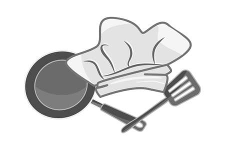 Chef logo isolated on white background. Restaurant or bistro symbol with chef hat, frier and spatula. Emblem for cooking school class or cooking cuisine course. Chef master sign. Stock vector illustrationのイラスト素材
