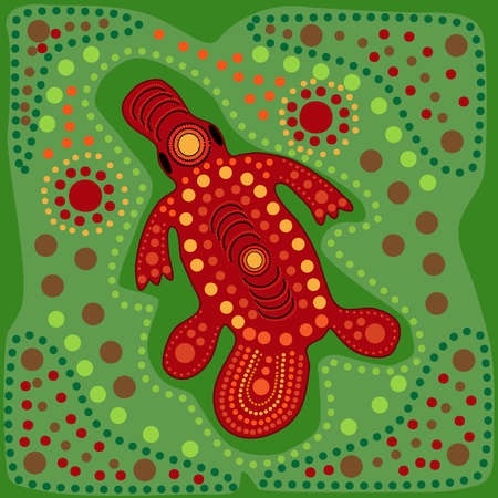 Platypus in australian aboriginal style. Australia indigenous art green background with dots. Decorative ethnic red duck bill. Aboriginal tribal art craft. For flyer, poster, banner, placard, brochure. Stock vector illustrationのイラスト素材