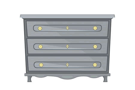 Chest of drawers isolated on white background. Gray wooden commode on little legs. Piece of bedroom furniture and home interior. Dresser or bedside table for bedroom and living room. Stock vector illustrationのイラスト素材