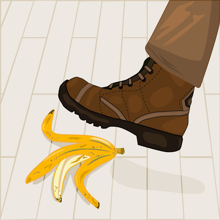 Foot in shoe step on banana peel. Leg stepping on dangerous slippery yellow fruit skin lying on sidewalk. Man stepped on banana peel. Mistake, misstep danger, unexpected accident, mishap or business risk concept. Stock vector illustrationのイラスト素材