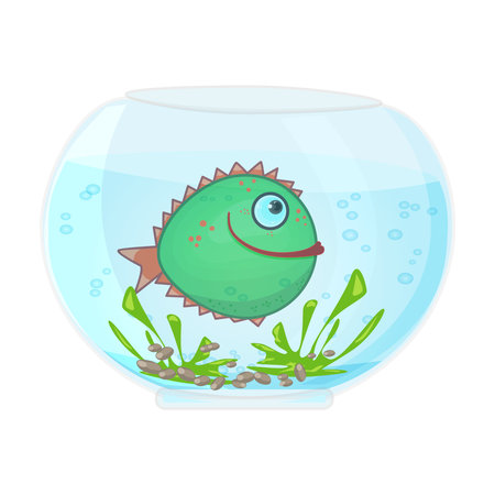 Aquarium with fish isolated on white background. Cartoon fishbowl with funny green fish, water, seaweed, algae, stones and bubbles. Colorful aquarium marine pet. Glass round fishbowl icon. Underwater exotic animal swimming in decorative aquarium. Stock vector illustrationのイラスト素材