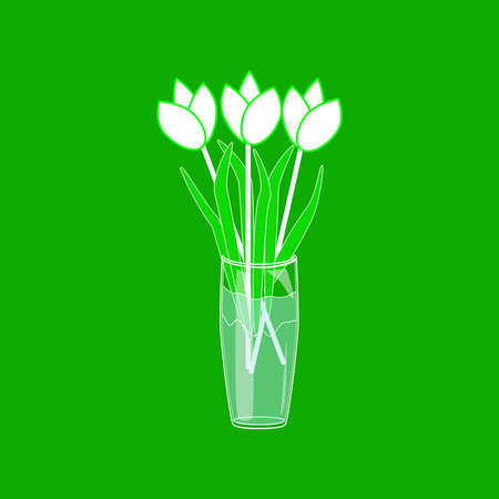 Glass vase with tulips isolated on green background. Tulips bouquet in glass bowl with water. Spring posy of flowers. Easter floral composition. Interior element. 8 march, mother or Valentines day. Garden bloom. Stock vector illustrationのイラスト素材