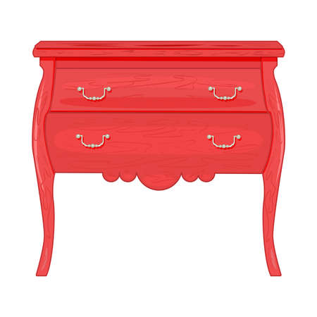 Chest of drawers isolated on white background. Pink wooden commode on long legs. Piece of bedroom furniture and home interior. Dresser or bedside table for bedroom and living room. Stock vector illustrationのイラスト素材