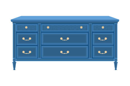 Chest of drawers isolated on white background. Blue wooden commode on little legs. Piece of bedroom furniture and home interior. Dresser or console table for bedroom and living room. Stock vector illustrationのイラスト素材