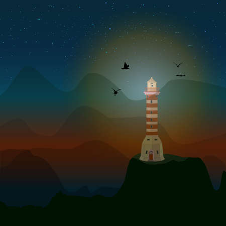 Ocean lighthouse on hill. Landscape with mountains, night starry sky and beacon. Lonely lighthouse tower at nighttime. Nautical navigation safety tower. Peaceful seaside beacon with searchlight lamp. Stock vector illustrationのイラスト素材