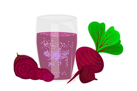 Juice of beet isolated on white background. Beet smoothie in glass with whole, half and slices beetroot. Freshly squeezed vegetable beet juice. Fresh organic drink. Healthy vegetarian beverage. Stock vector illustrationのイラスト素材