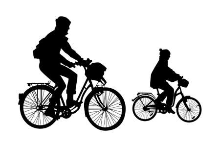 Two cyclist silhouette isolated on white background. Little girl riding bicycle with father. Biker family outdoor enjoying in bike driving. Urban leisure activities in spring and summer. People ride bicycles. Stock vector illustrationのイラスト素材