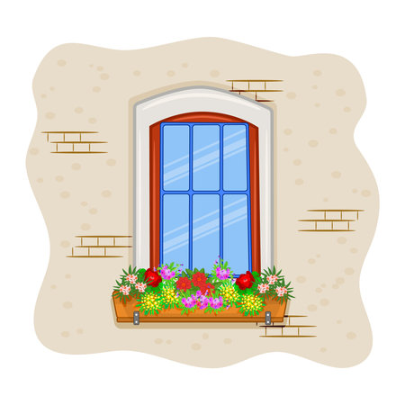Window with flowers in pot isolated on white background. Vintage european wooden window with hanging flower garden. Home window and flowering blossoms on sill. House spring facade with green plants in flowerpot. Stock vector illustrationのイラスト素材