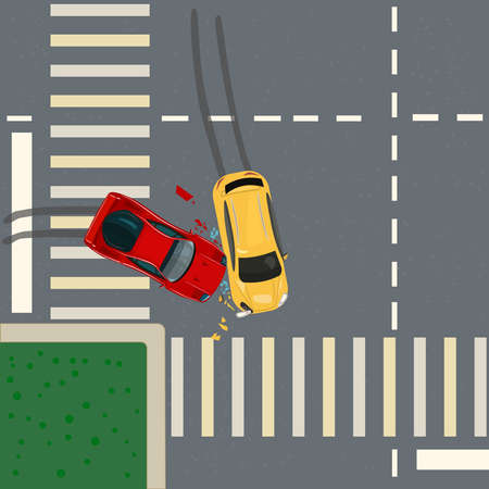 Road accident between two cars. Crash on city crossroad top view. Street junction and wreck auto. Broken vehicles after collision in intersection. Traffic regulations. Rules of road. Traffic violation of priority turn. Stock vector illustrationのイラスト素材