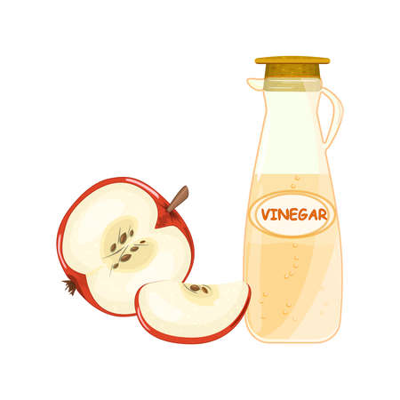 Red apple and bottle of vinegar isolated on white background. Fruit cider vinegar in glass pitcher. Ingredients for cooking, baking, salad dressing and preservation. Flavoring balmy essence jug. Condiment and food dressing. Stock vector illustrationのイラスト素材
