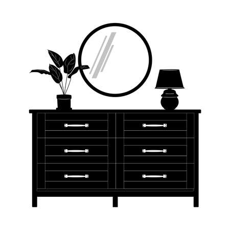Wooden commode with drawers, mirror, plant in pot and lamp isolated on white background. Dresser or bedside table silhouette. Bedroom interior element. Chest of drawers icon. Vintage furniture for living room design. Stock vector illustrationのイラスト素材