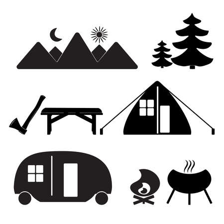 Camping icon set isolated on white background. Tent, axe, barbecue grill, camper, bonfire, bench, table, fir, tree, mountain, hill, moon and sun black symbol. Summer tourism or journey simple sign. Camp, travel, vacation and adventure concept. Outdoor recreation in woods. Stock vector illustrationのイラスト素材