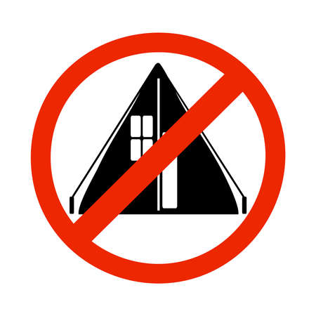 No camping sign isolated on white background. Tent in red circle frame. Prohibition of camping.  Forbidden to put up tent. Tourist tent simple icon. No campsite and no picnic. Tents not allowed symbol. Stock vector illustrationのイラスト素材