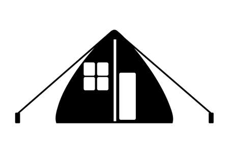 Tent icon isolated on white background. Tourist tent black silhouette. Traveler shelter or marquee sign. Camping tent simple symbol. Place to sleep or accommodation in outdoor. Camp logo, mark or insignia. Stock vector illustrationのイラスト素材
