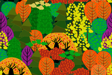 Seamless pattern with autumn forest. Stylized colorful trees. Texture or backdrop with abstract...