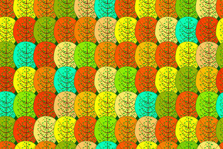 Seamless pattern with autumn forest. Stylized colorful trees. Texture or backdrop with abstract elements of plants. Multicolored tree crowns background. Red, yellow, orange and green wood pattern. Fall seasonal decor. Stock vector illustrationのイラスト素材