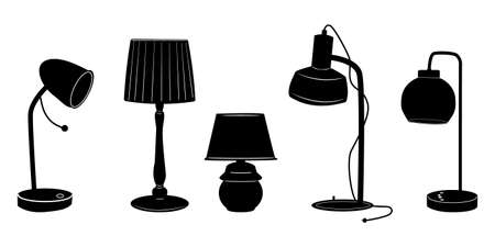 Table lamps icon set isolated on white background. Lamp black silhouettes. Home, night, hotel or office desk lampshade. Desk bulb sign. Lighting devices symbol. Electric interior furniture. Stock vector illustrationのイラスト素材