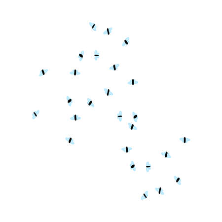 Fly isolated on white background. Many small flies flock in air. Tiny pest insects. Housefly swarm. Flying diptera, midge, gnat or mosquitoes. Stock vector illustrationのイラスト素材