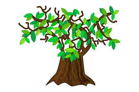 Large tree isolated on white background. Cartoon big green tree with thick wrinkled bark. One wide massive old tree with green leaves. Majestic plant with a rough trunk and big crown. Stock vector illustrationのイラスト素材