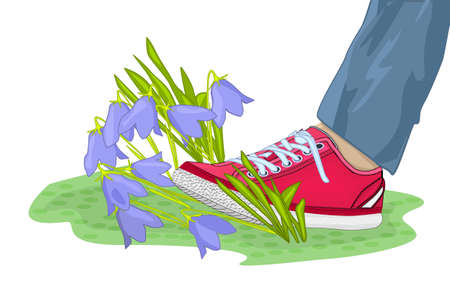 Cartoon shoes ruthlessly tramples living flowers isolated on white background. Foot stepping on endangered plant. Leg with sneakers treading on flowers. Environment protection, vandalism, nature concept. Stock vector illustrationのイラスト素材