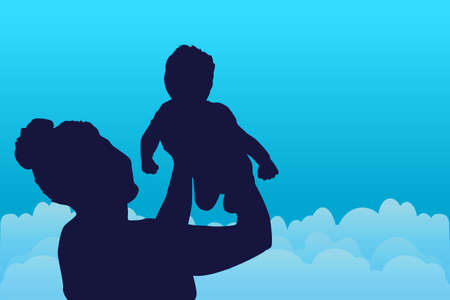 Mother with baby on morning sky background. Woman and kid silhouette on blue backdrop with copy space. Child on mom hands. Mother holding newborn baby. Mothers day or motherhood concept. Stock vector illustrationのイラスト素材