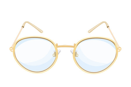 Glasses isolated on white background. Round lens type golden eyeglasses for read. Vintage, classic or fashion accessory. Glasses with yellow rimmed, front view. Stock vector illustrationのイラスト素材