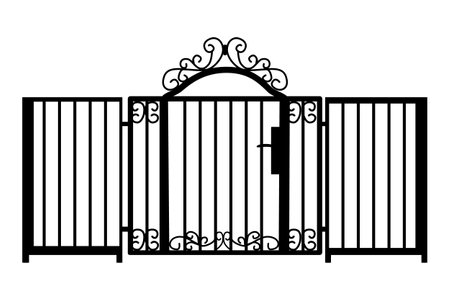 Decorative cast iron wrought fence silhouette with artistic forging isolated on white background. Metal guardrail. Steel modular railing. Vintage gate with swirls. Black forged lattice fence. Stock vector illustrationのイラスト素材
