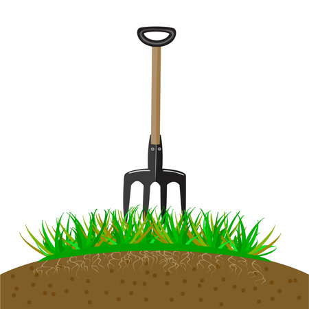 Pitchfork isolated on white background. Metal hayfork with wooden hand. Fork for gardening and farming. Farm work instrument. Garden tool. Hayfork for working with hay and dry grass in agriculture. Stock vector illustrationのイラスト素材