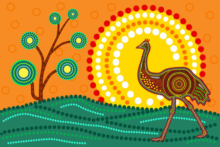 Landscape with ostrich in decorative ethnic style. Australia aboriginal traditional culture art style of dot. Scenery with emu, tree, sun, sky and grass. Aboriginal tribal art craft. Stock vector illustrationのイラスト素材