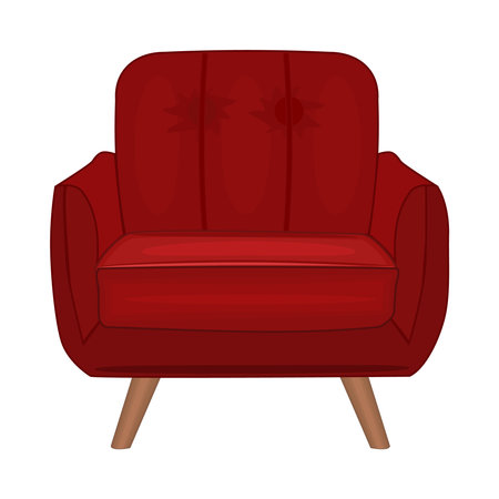 Red armchair isolated on  white background. Soft armchair with upholstery. Vintage cushioned furniture. Retro chair or couch for rest and relax. Part of interior of living room or office. Front view. Stock vector illustrationのイラスト素材