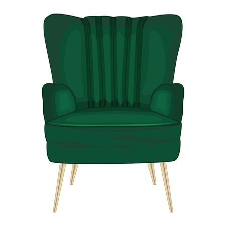 Green armchair isolated on  white background. Soft armchair with upholstery. Vintage cushioned furniture. Retro chair or couch for rest and relax. Part of interior of living room or office. Front view. Stock vector illustrationのイラスト素材
