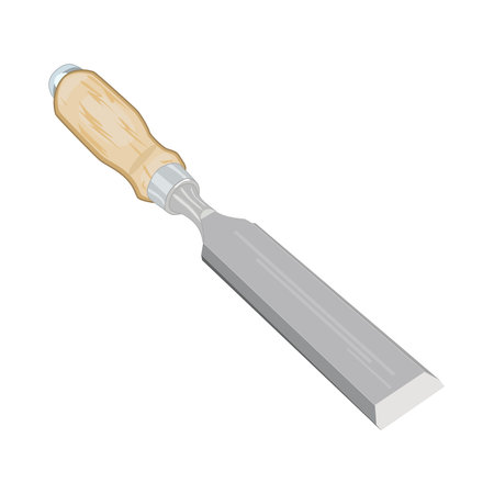 Chisel isolated on white background. Hand tool for carpenter. Woodworking chisel tool. Carpentry cutter or gouge instrument icon. Wood carving chisel equipment with wooden handle. Vector illustrationのイラスト素材