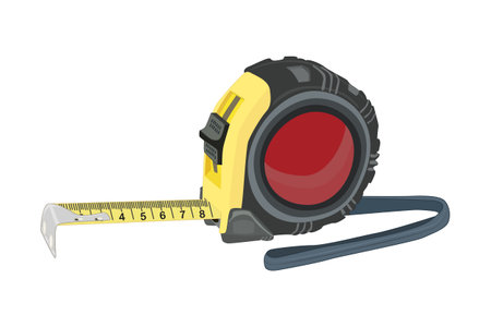 <p>Ruler isolated on white background. Yellow carpenter measuring tape with imperial units scale. Roulette with metric units gradation marks. Construction tool. Measuring equipment for home repair. Stock vector illustration</p>のイラスト素材