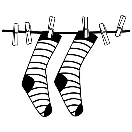 Socks on clothespin icon isolated on white background. Socks hanging on clothesline. Socks hang on rope. Simple line laundry drying sign, contour symbol. Washed garment concept. Stock vector illustrationのイラスト素材