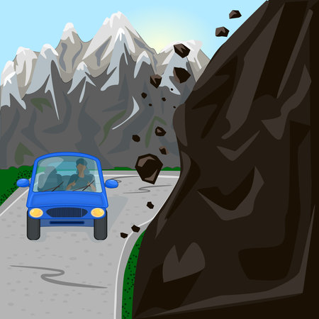 Rock fall on road. Mountain landslide with slide rocks and car on roadway. Natural disaster, earthquake, mudslide or danger concept. Dangerous cliff with debris near auto traffic. Stock vector illustrationのイラスト素材