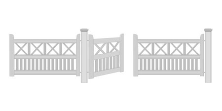 Wooden fence with wicket isolated on white background. Village white fence with open gates. Garden fencing with doors. Farm or rural house boundary. Outdoor exterior entrance. Stock vector illustrationのイラスト素材