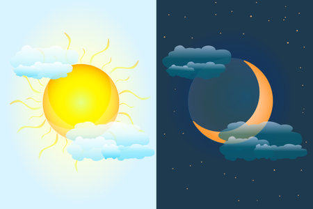 Day and night sky. Sun and moon as vernal or autumnal equinox day concept. Day and night with moon and sun. Earth seasons. Weather forecast background. International Astrology Day. Stock vector illustrationのイラスト素材