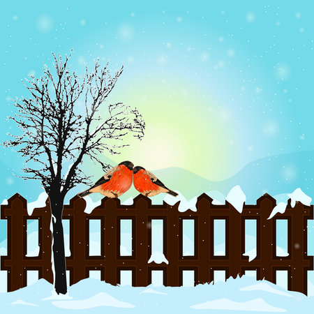 Winter landscape with bird bullfinch on fence, snow covered hills and blue morning sky. Two red birds sitting on fence. Christmas winter scene with snowfall. Snowy scenery. Stock vector illustrationのイラスト素材