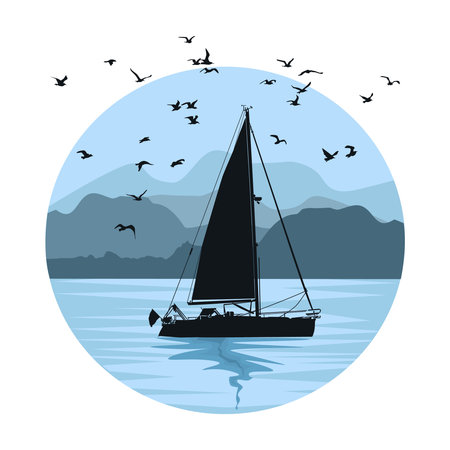 Sailboat and seascape on circle isolated on white background. Sea shore with mountains and yacht silhouette. Boat sailing in river or lake at coast. Vessel, hills and coastline. Stock vector illustrationのイラスト素材
