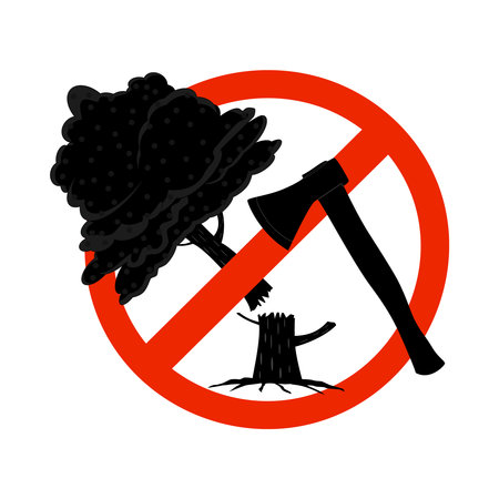 Sign with axe and tree on prohibition to cut down forest. Dont cut down woodland sign isolated on white background. Stop deforestation symbol. Save forest icon. Tree felling forbid emblem. No destruction of wildlife. Stock vector illustrationのイラスト素材