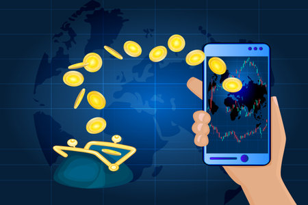 Stock investment trading concept. World map background, hand with smartphone, candle stick graph chart in screen and wallet with falling money. Mobile stock trading conception. Buying or selling shares. Stock vector illustrationのイラスト素材