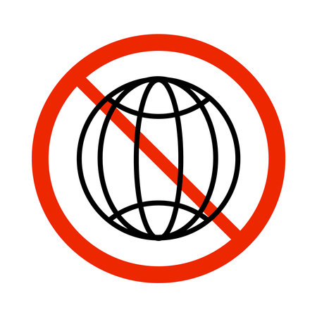 Not connected to web, not connected to internet sign isolated on white background. Earth globus icon in circle red sign. Network problem and error icon. Globe symbol with red prohibition mark. Stock vector illustrationのイラスト素材