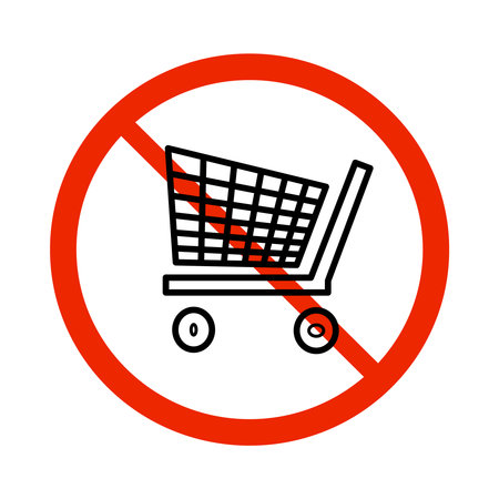 No shopping cart sign isolated on white background. Red round no shopping cart icon. No trolley allowed symbol. No shopping trolley restrict sign design for shopping mall and super market. Stock vector illustrationのイラスト素材